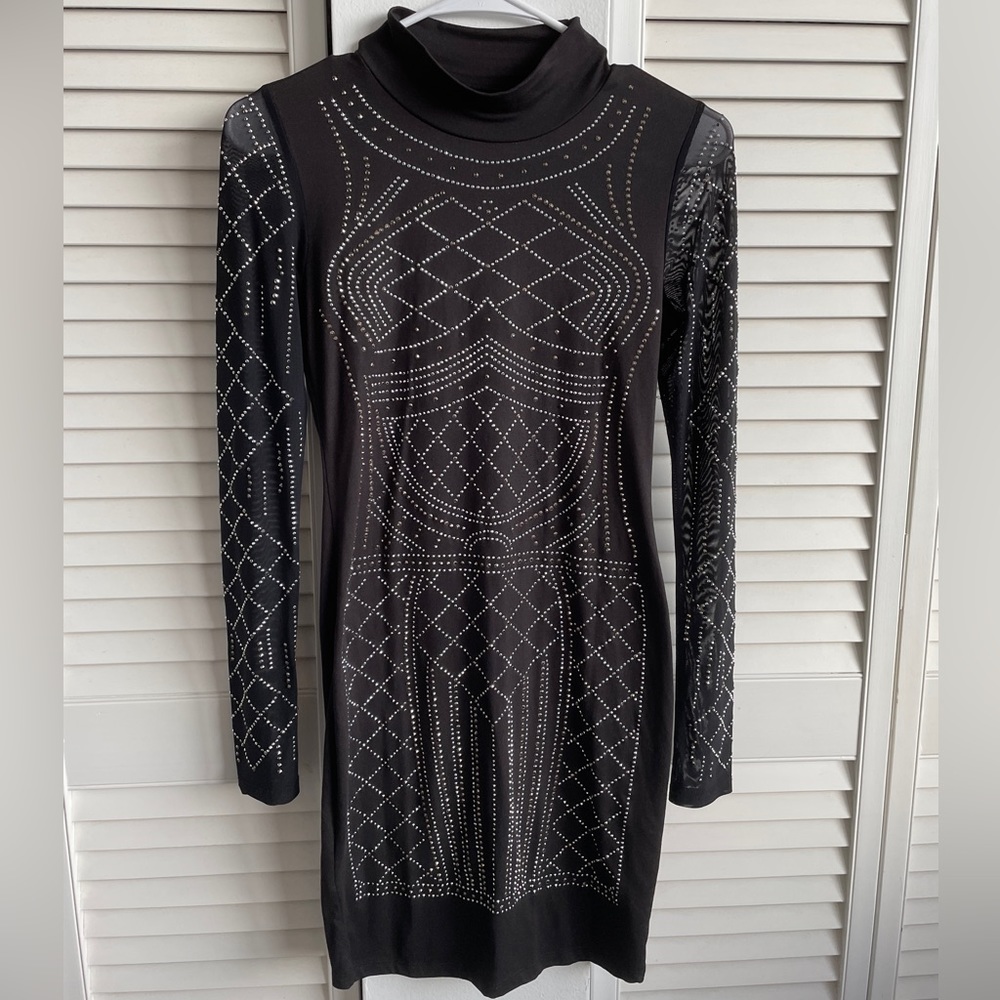 Black and Silver Bedazzled Studded Embellished Long Sleeve Bodycon Club Dress